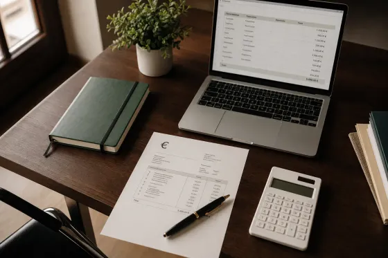 Escritorio con factura, calculadora y portátil, ilustrando el coste del marketing digital para abogados